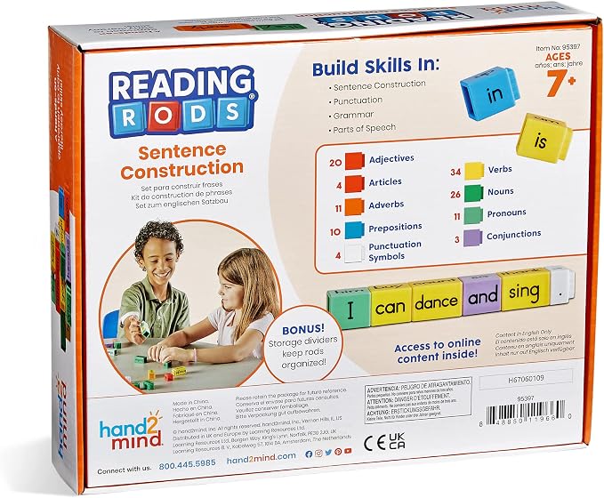 hand2mind Reading Rods Sentence Construction, Sentence Building for Kids, Parts of Speech Linking Cubes, Learn to Read Toys, Reading Tools for Kids, Science of Reading Manipulatives - Image 9