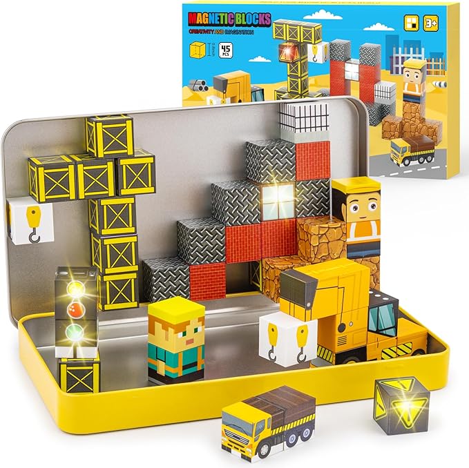 Travel Magnetic Blocks 45 PCS Mini Building Cubes with Case Construction by Aywewii