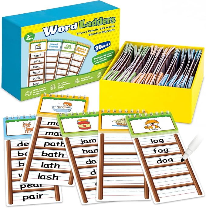 Edulok 30 Word Ladder Flip Books,Phonics Flash Cards,Word Ladders Word Family Build Book,Sight Words Reading Spelling Games Phonics Flip Books for Kids Classroom Homeschool Preschool Learning Activity by Edulok