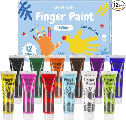 Washable Finger Paint for Kids, Non Toxic Toddler Art Supplies, 12 Vibrant Colors(1.21fl oz), Baby Safe Paint for Hand and Feet, Arts and Crafts Gifts for Ages 3 4 5 6+ Year Old Boys Girls