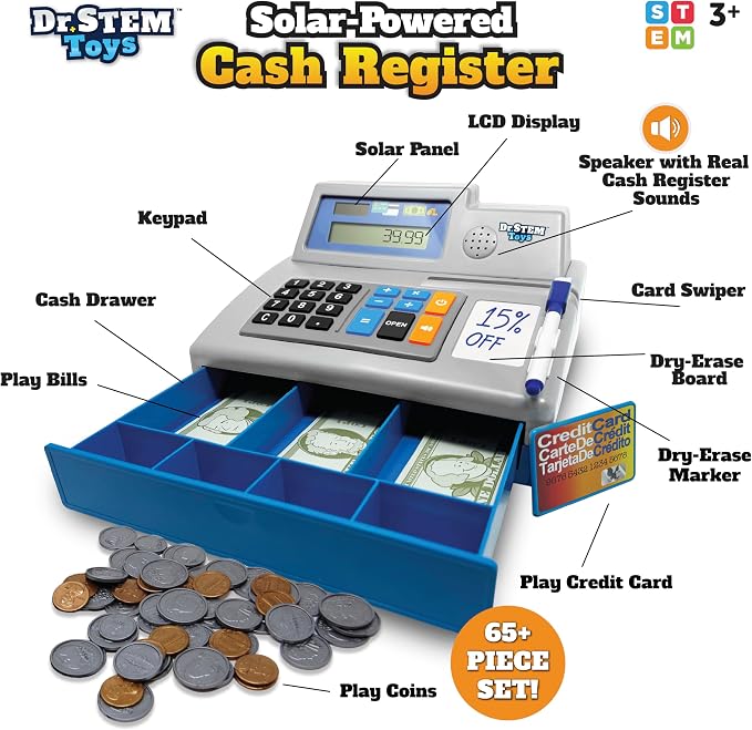 Dr. STEM Toys Solar Powered Calculator Pretend Cash Register with Play Money – 67-Piece Set for Learning Math Skills, STEM Cash Register for Kids (Gray) - Image 3