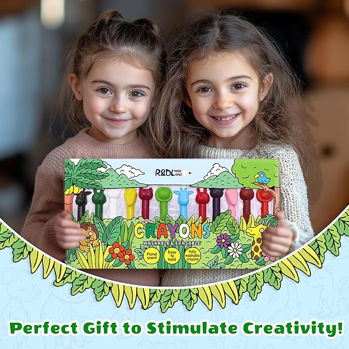 R&DLanci Animal Crayons for Toddlers, 11-colors Washable Crayon Set with Eraser & Drawing Paper, Non-Toxic Crayon, Easy to Hold, Mess-Free Crayons for kids, Art Supplies for Toddlers and Kids Ages 3+