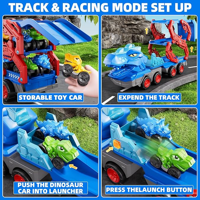 10 in 1 Dinosaur Truck Toys for Kids Toddlers Boys 3-5 4-8, Dino Carrier Truck with Foldable Track, Spray, Light & Sounds and 9 Dino Cars, Birthday Gifts for Kids Boys Girls 3 4 5 6 7 8 Year Old