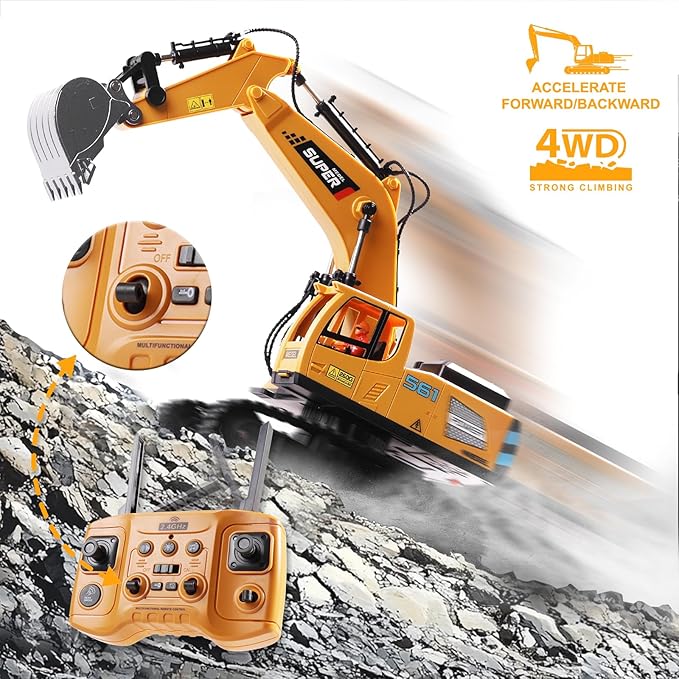 Remote Control Excavator Toys for Boys,16 Channel RC Excavator Construction Toys with Metal Shovel & Light,Simulated Smoke,Christmas Birthday Gift Toy for Boys 3-5 4-7 8-12 Year Old Kids
