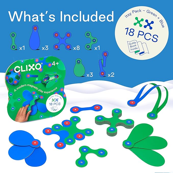 Clixo Itsy Magnetic Toy for Kids - Flexible, Durable, Imagination-Boosting Magnet Building Toy. Educational Multi-Sensory STEM Experience. Great as a Travel Game. Ages 4-99. 18 Piece Pack