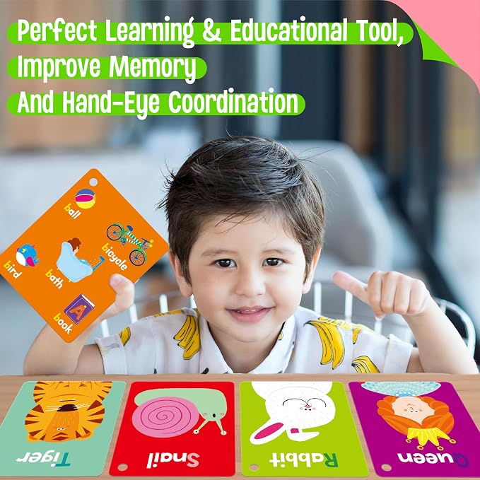 110 PCS Early Learning Flashcards, Double Sided Cards- Alphabet, Numbers, Foods, Animals, Shapes, Colors, Home Object with 4 Reclosable Rings, Learning Tool for Pre-K Kindergarten Toddlers - Image 5