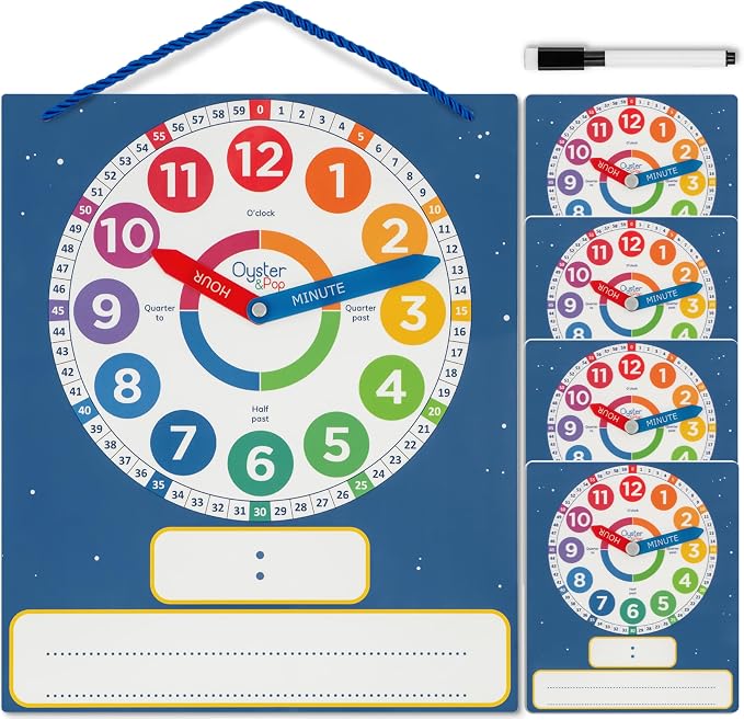 Oyster&Pop Analog Teaching Clocks for Kids - 5-Pack Dry Erase Classroom Set by OysterPop