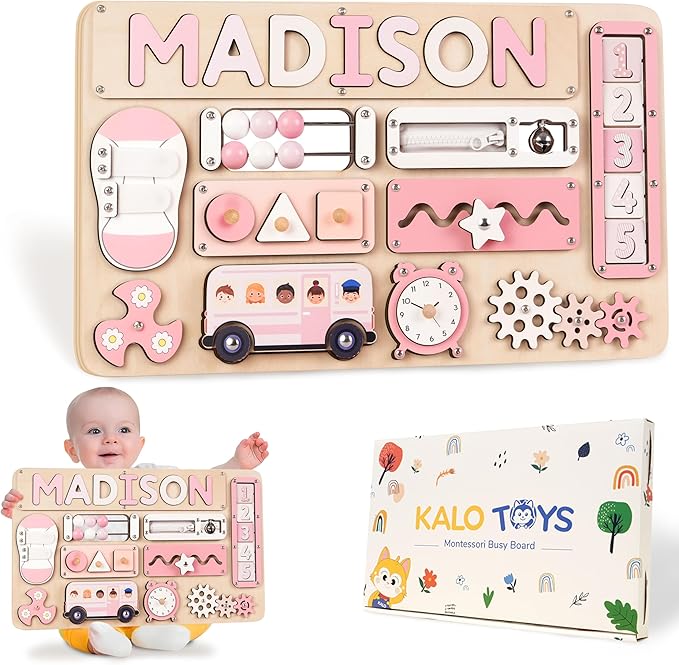 Personalized Large Busy Board for Toddlers - Montessori Busy Board - Montessori Toys for 1 Year Old Baby Boys Girls - Sensory Toys for Toddlers 1-3 - Peronalized Baby Gift