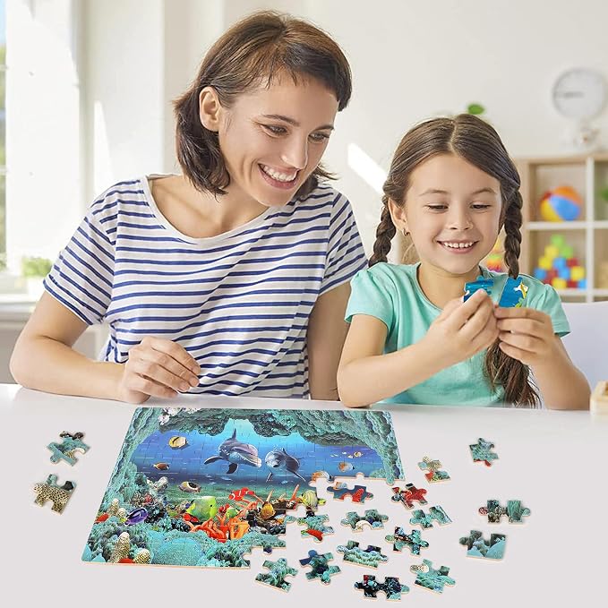 LELEMON Underwater World Puzzles for Kids Ages 4-8,100 Piece Ocean Dolphins Fishes Jigsaw Puzzle for Children,Learning Educational Toys for Boys and Girls - Image 6