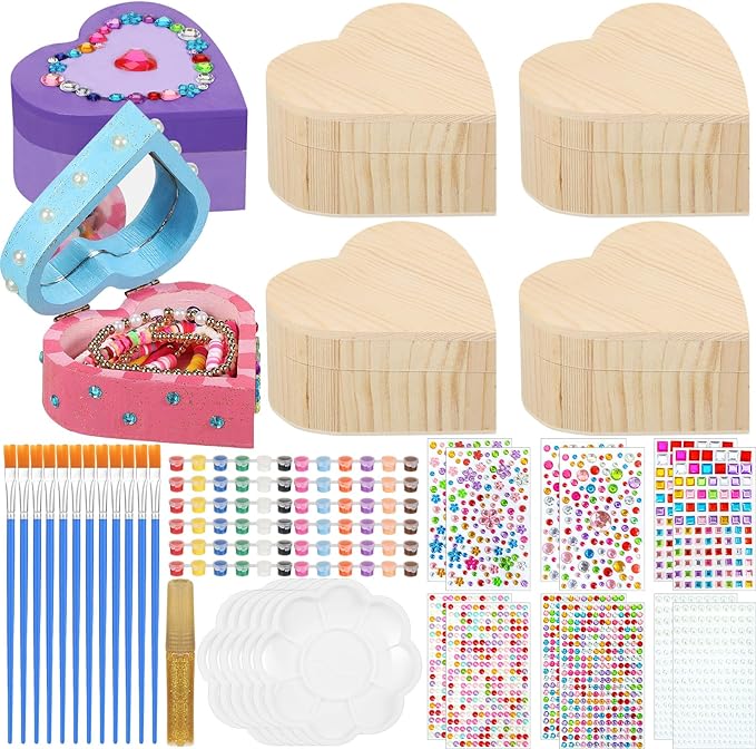 Kigley 6 Sets Paint Your Own Box Kit for Girls DIY Wooden Jewelry Box Unfinished Heart Boxes Arts and Craft Painting Gift Kits Christmas Crafts for Toddler Kids Ages 3-12 Year Old