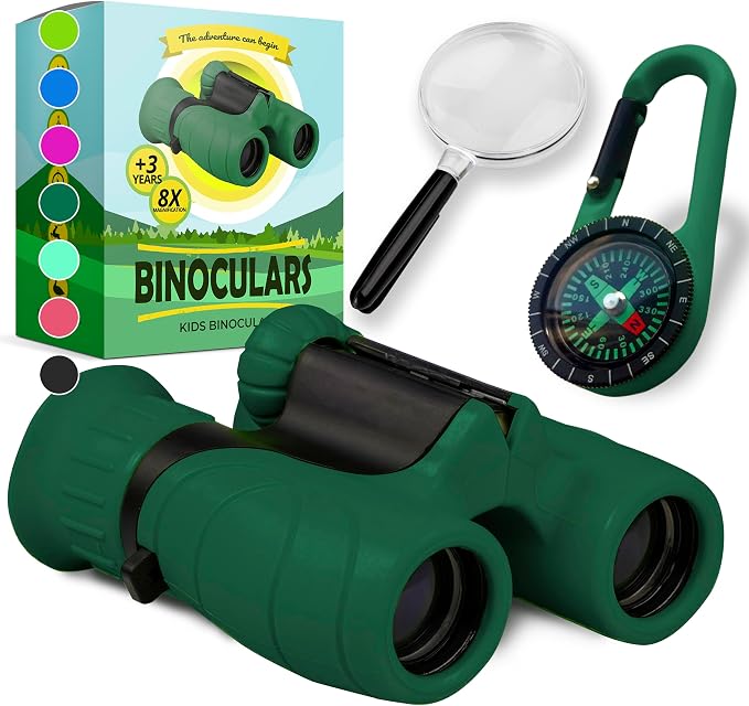 Binoculars for Kids – Perfect Toy for Little Boys and Girls – Extensive Set Incl. Magnifying Glass & Compass – Powerful Magnification 8X21 – 3 to 12 Year Old Kids for Toddler by Promora