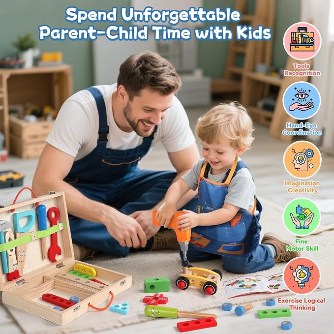 TONZE Wooden Kids Tool Set with Drill, Montessori Toys for 3 Year Old Boys - Image 5