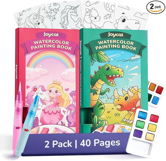 JoyCat 2 Pack Pocket Paint with Water Coloring Books for Kids, Art & Craft Activity Toy Set, Creative Travel & Home Painting Kit, Gifts for Girls & Boys Ages 3-8 (Magical Pony & Dinosaurs)