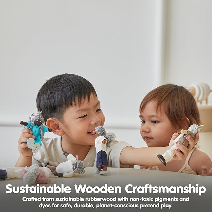 PlanToys® Grandmother Dollhouse Figure - Medium Skin Tone | Poseable 1:12 Scale Dollhouse People | Montessori Pretend Play Doll with Bendable Arms & Legs | Eco-Friendly Wooden Figurine for Kids