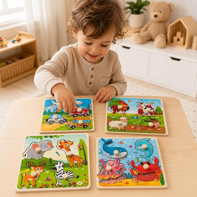 Wooden Peg Puzzle Set for Toddlers, 4 Pack Animal Vehicle Ocean Farm Puzzles, Montessori Wooden Puzzles for Ages 2-4, Preschool Learning Toys for Fine Motor Skills, Gifts for Boys Girls 1 2 3 4 - Image 6