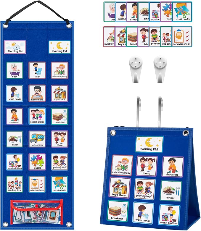 KIKIGOAL Kids Visual Schedule Calendar Chart, 2 in 1 Autism Daily Chore Routine Chart with 70 Cards Autism Learning Materials Kids Visual Behavioral Tool Wall Planner for Home School (Blue) by KIKIGOAL+FITNESS