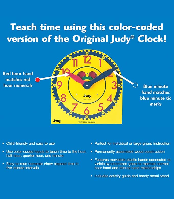 Carson Dellosa 13" x 12" Judy Clock, Learn to Tell Time with Color Coded Clock Hands, Analog Time Telling for Kids, Hands-On Learning Education Classroom and Homeschool Supplies - Image 2