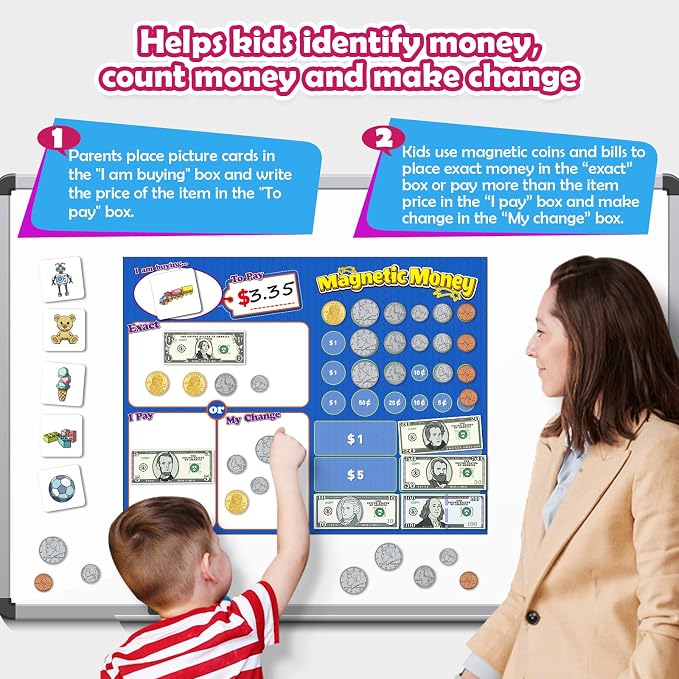 Kasfalci 73 PCS Magnetic Money for Kids for Learning, Back to School Supplies, Learning & Education Toys for Classroom, Pretend Play, Math Games for Toddler, Teacher and Homeschool Supplies - Image 2