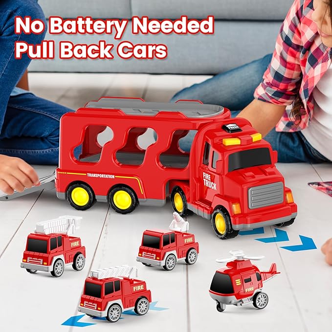 Toddlers Fire Truck for Kids 3-9 Year Old，5 in 1 Friction Power Vehicle Car for 3 4 5 6 7 Years Old Boys Girls，Carrier Truck Transport Toys for Christmas and Birthday Gifts