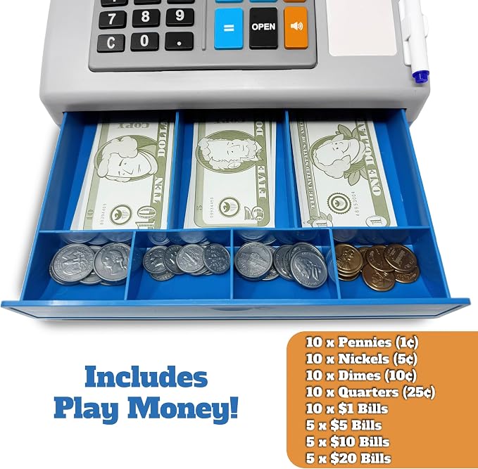 Dr. STEM Toys Solar Powered Calculator Pretend Cash Register with Play Money – 67-Piece Set for Learning Math Skills, STEM Cash Register for Kids (Gray) - Image 5