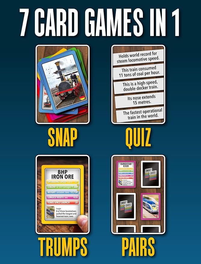SMART CARDS Trains Card Game. 50 Cards, 7 Games; Pairs, Snap, Trumps, Rummy, Train Trivia Facts Quiz. Top Travel Games, Gift, Stocking Stuffer, Age 5+, 1-8 Players - Image 3