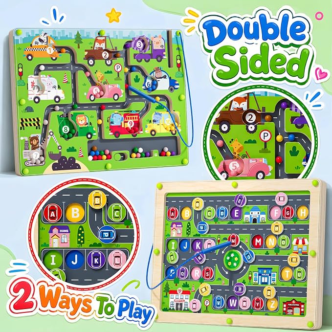 2 in 1 Magnetic Color and Number Maze Double-Sided ABC Alphabet Puzzles Board Magnet Dinosaur Counting Maze Preschool Learning Montessori Education 3 4 5 Years Toys (Car, One Size) - Image 3