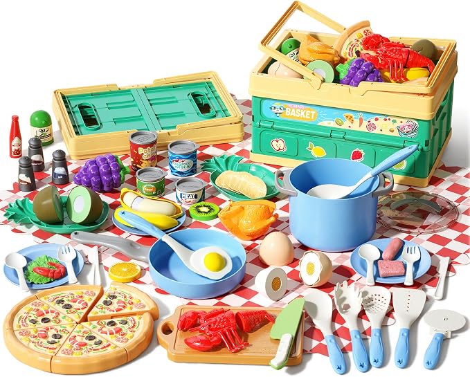 80Pcs Kitchen Playset, Toddler Pretend Cooking with Pots, Pans, Cookware, Food, Picnic Blanket, Fruits, Veges, Shopping Storage Basket, Dessert , Learning Gift for Girls Boys (Blue) by Funpynani