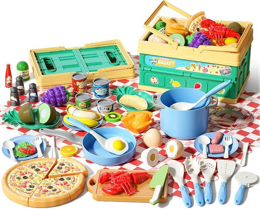 80Pcs Kitchen Playset, Toddler Pretend Cooking with Pots, Pans, Cookware, Food, Picnic Blanket, Fruits, Veges, Shopping Storage Basket, Dessert , Learning Gift for Girls Boys (Blue) by Funpynani