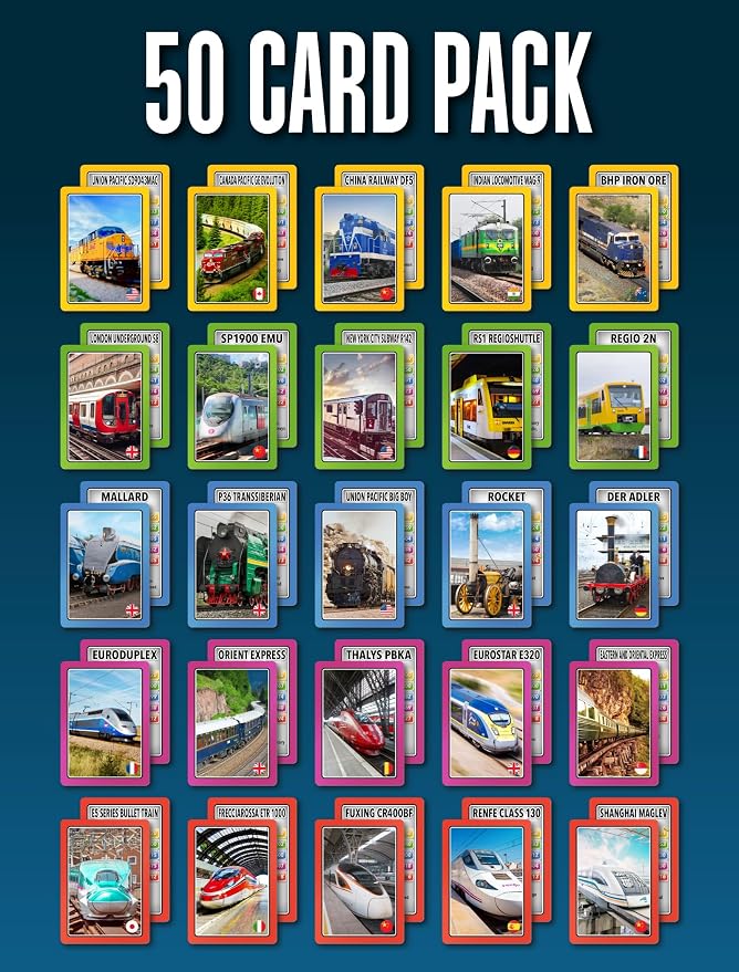 SMART CARDS Trains Card Game. 50 Cards, 7 Games; Pairs, Snap, Trumps, Rummy, Train Trivia Facts Quiz. Top Travel Games, Gift, Stocking Stuffer, Age 5+, 1-8 Players - Image 5