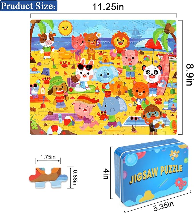 LELEMON Beach Animal Jigsaw Puzzles in a Metal Box 100 Pieces Beach Animal Party Jigsaw Puzzle for Kids Ages 4-8 Children Learning Educational Puzzles Toys - Image 3