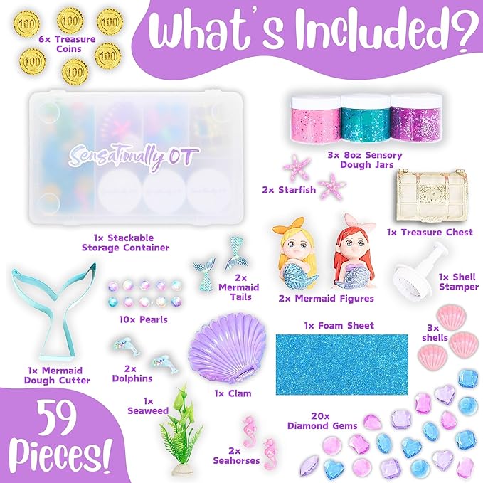 Mermaid Sensory Dough Kit (3 Jars) Non-Toxic Dough with Cutters, Stampers, Coins, Pearls, Seahorses, Starfish, Treasure Box - Perfect Creative Play and Gift for Kids & Toddlers