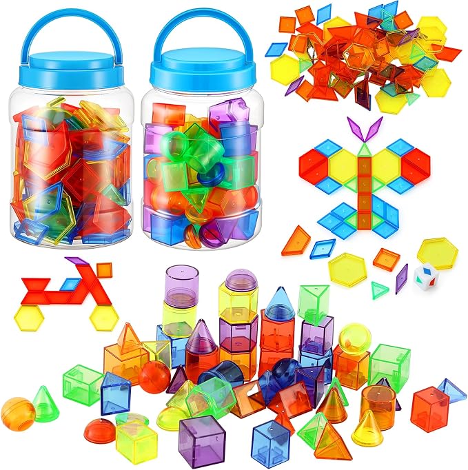 Faccito 200 Pcs Geometric Set Light Table Manipulatives Include 140 Translucent Pattern Blocks 60 3D Shape Geometric Solids with Dice for Educational Teaching Light Table Accessories by Faccito