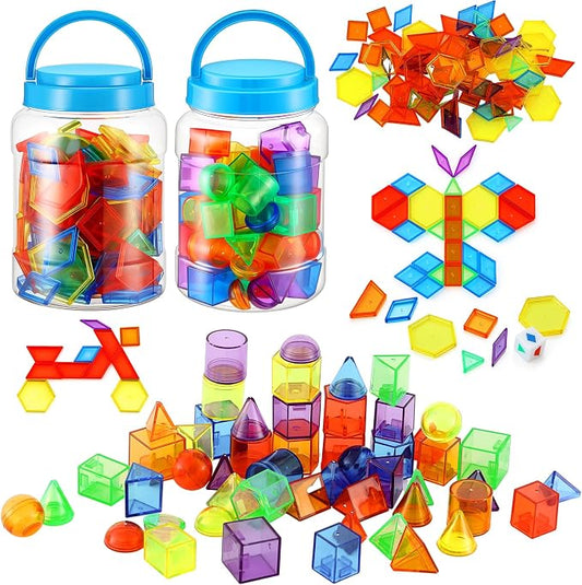 Faccito 200 Pcs Geometric Set Light Table Manipulatives Include 140 Translucent Pattern Blocks 60 3D Shape Geometric Solids with Dice for Educational Teaching Light Table Accessories by Faccito