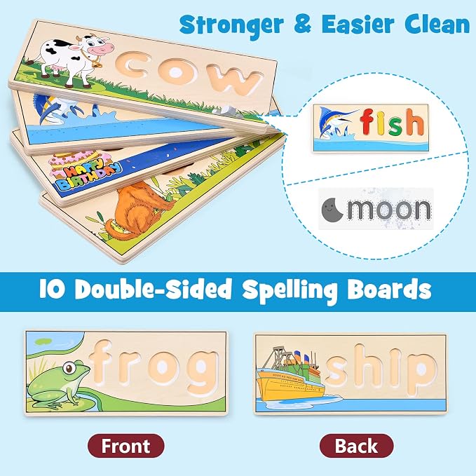 Atoylink Wooden Spell Learning Toys for 2 3 4 5 Year Old Kids Match Letter Spelling Game Board & Letters & Box, CVC Word Builder Toddler Educational Toy Kindergarten Preschool Learning Activities - Image 5