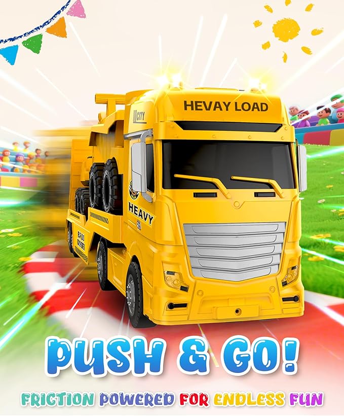 Construction Carrier Truck Toy with Excavator and Dump Truck, Friction Powered Toddler Toys with Light and Sounds, Gifts for Age 3+Years Old Boys & Girls