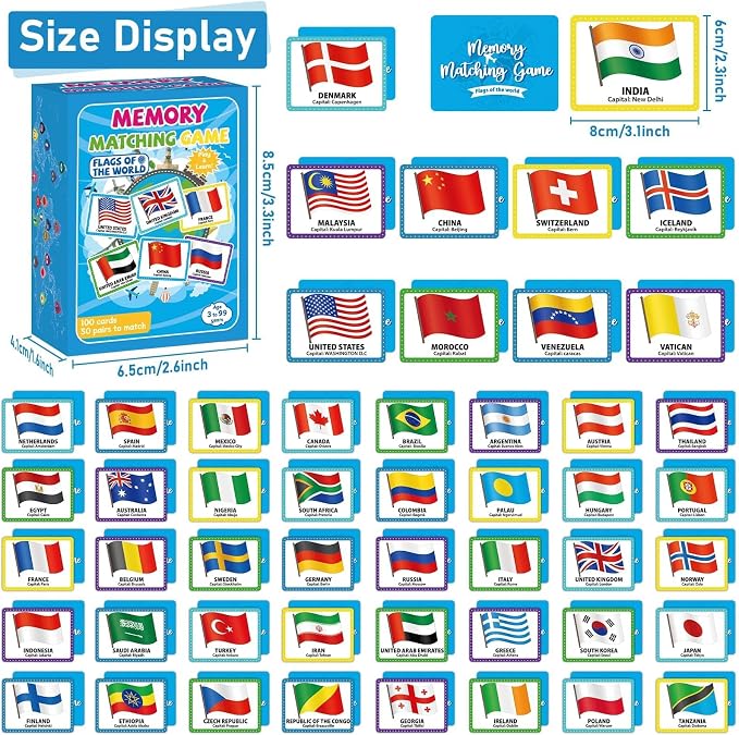 gisgfim 100 PCS Memory Matching Game Flags of The World Concentration Memory Card for Kids and Adults Learning Educational A Fun & Fast Countries of The World Matching Games - Image 2