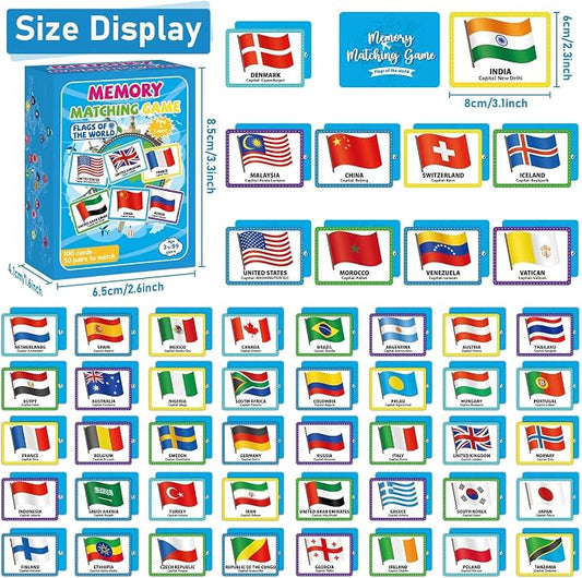 gisgfim 100 PCS Memory Matching Game Flags of The World Concentration Memory Card for Kids and Adults Learning Educational A Fun & Fast Countries of The World Matching Games - Image 2