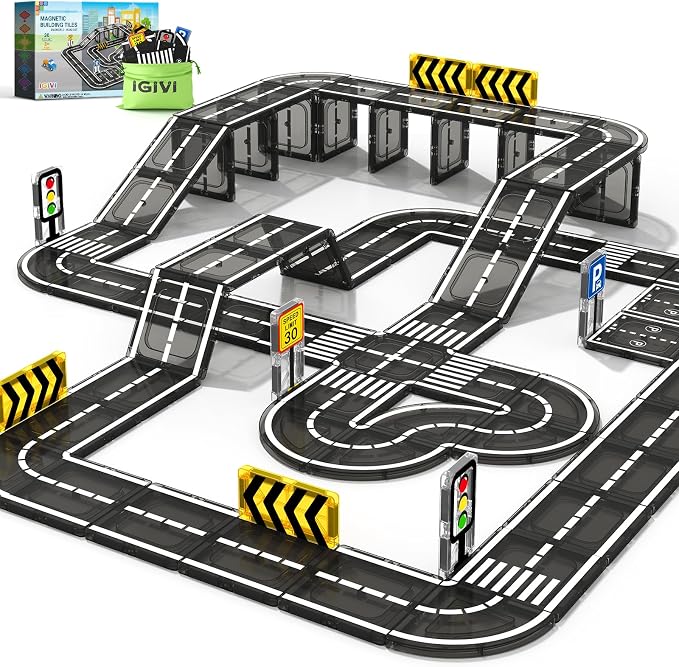 Magnetic Tiles Road Toddler Toys, Magnet Building Blocks for Kids Ages 3-5 4-8, STEM Learning Construction Toys Games, Ideal Gifts for 3+ Year Old Boys Girls by IGIVI-MagneticToys