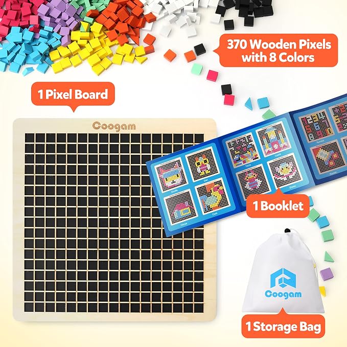 Coogam Wooden Mosaic Puzzle, 370PCS Shape Pattern Blocks with 8 Colors, Pixel Board Game Montessori STEM Toys Gift for Kids Toddlers Boys Girls Ages 4 5 6 7 Years Old - Image 6