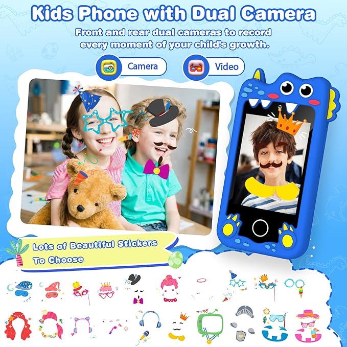 M SANMERSEN Dinosaur Smart Phone for 3 4 5 Year Old Kids, 2.8" Touchscreen Toddler Phone Toy, Dual Camera 28 Learning Games, MP3 Music Player, Built-in 32G SD Card