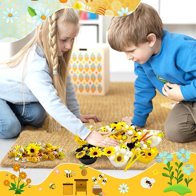 196Pcs Sensory Bin Filler, Fine Motor Toys Bee Themed Sensory Bin Items Counting Sorting Toy Colorful Pom Poms Cup Bee Honeycomb Wooden Scoop for Preschool Education Activities - Image 4