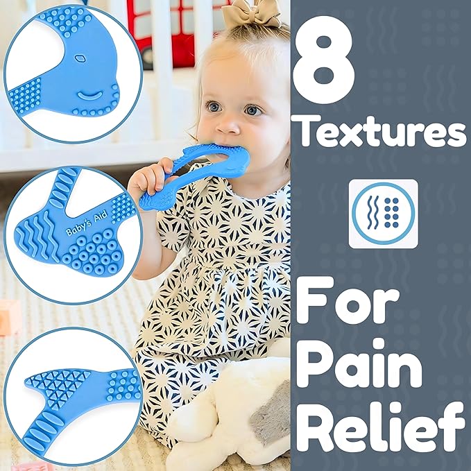 Dolphin Silicone Teether Toy with 8 Texture Zones, Easy Grip for Little Hands, Ages 3M+, Baby’s Aid (Blueberry)