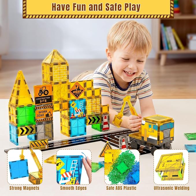 SKTMYY Magnetic Tiles for Kids, Construction Toys with Crane Road Truck - Image 3