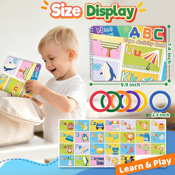 UIIOPJIOM ABC Tape Activity Book for Toddlers, Preschool Learning Alphabet Quiet Book, Montessori Educational Busy Book with Letter Sensory Airplane Travel Toy - Image 2