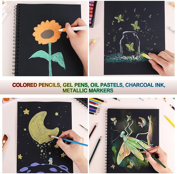 100 Sheets Black Paper Sketchbook(2 Pack), 108 lb/160gsm Heavyweight Black Sketch Pad 9×12in, Acid-Free Drawing Paper, Spiral Bound Sketch Book for Kids, Teens, Artist.