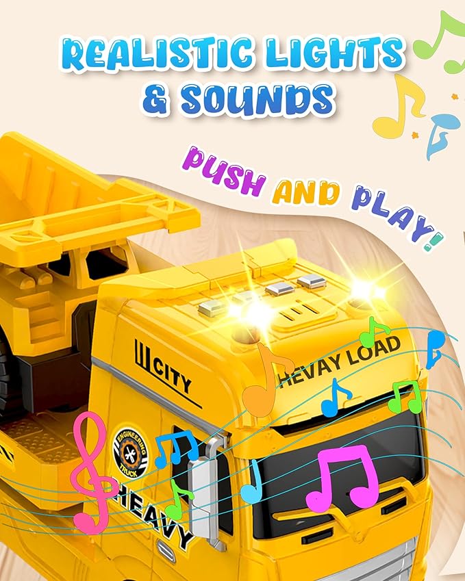 Construction Carrier Truck Toy with Excavator and Dump Truck, Friction Powered Toddler Toys with Light and Sounds, Gifts for Age 3+Years Old Boys & Girls