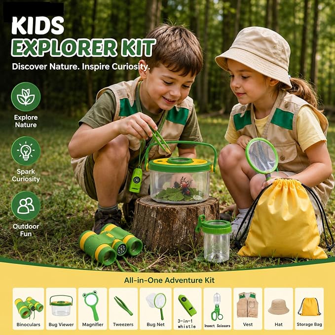 Kids Explorer Kit & Bug Catcher Kit, 23 Pcs Outdoor Adventure Set with Vest & Hat, Binoculars, 12 Insect Figures,Camping Hiking Toys Gift for Boys Girls Age 3-8 - Image 6