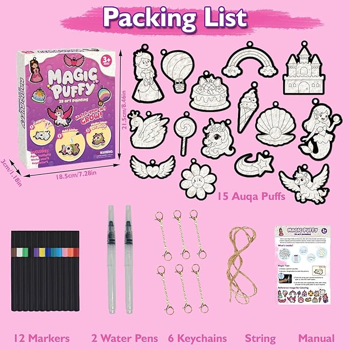 Aqua Puffs 3D Art Kit, Princess & Unicorn Crafts for Kids, DIY Foam Texture Painting & Inflate Activity – Easy, Mess-Free Creative Fun, Ideal Christmas Birthday Gifts for Girls Boys Age 4 5 6 7 8 9 10