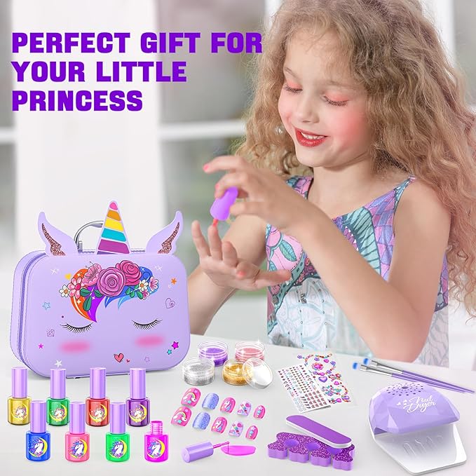 Kids Nail Polish Set for Girls, Non-Toxic All-in-One Nail Art Kit with Nail Dryer and Peelable Nail Polish, Ideal Gift Toys for Girls Age 3-12