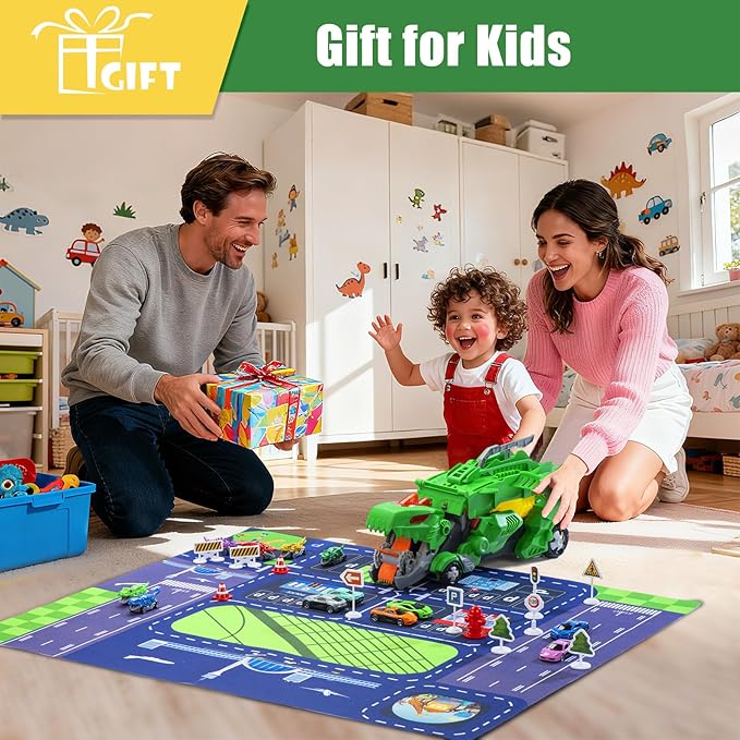 Dinosaur Toys Car for Kids 3-8 Year Old Boy Gift, Toddler Toys for 3 4 5 6 Years Old Boys & Girls Transport Dino Truck with 12 mini Cars & City Map Birthday for Kids